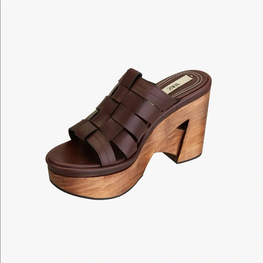 NWT. Zara Brown Unique Leather and Wood Strappy Sandals. Size 9. - Picture 7 of 7